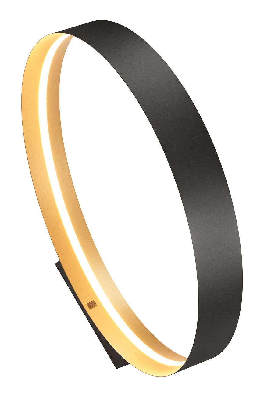 Moderne Stehleuchte LOOP in seitlicher Perspektive mit elegantem, ringförmigem Design und warmem Licht.