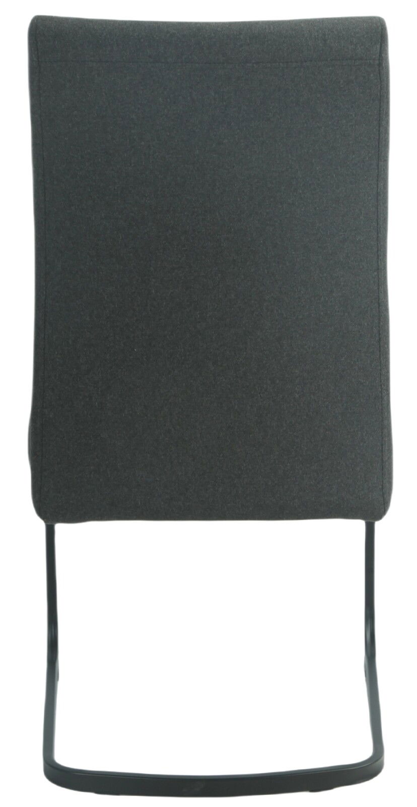 Rückansicht eines modernen Schwingstuhls mit dunklem Stoffbezug und schwarzem Metallgestell.