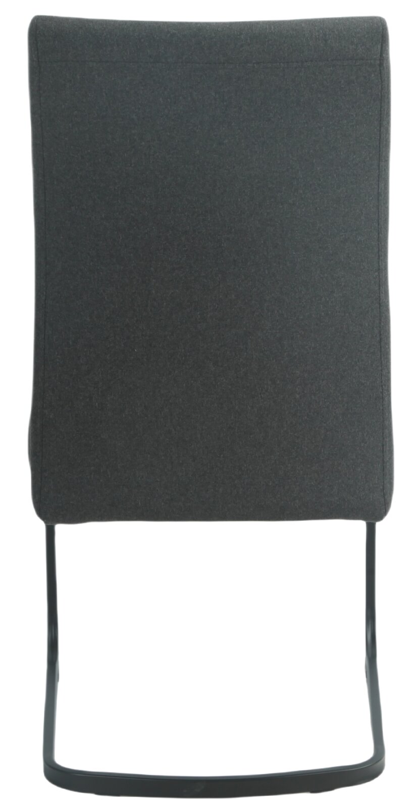 Rückansicht eines modernen Schwingstuhls mit dunklem Stoffbezug und schwarzem Metallgestell.