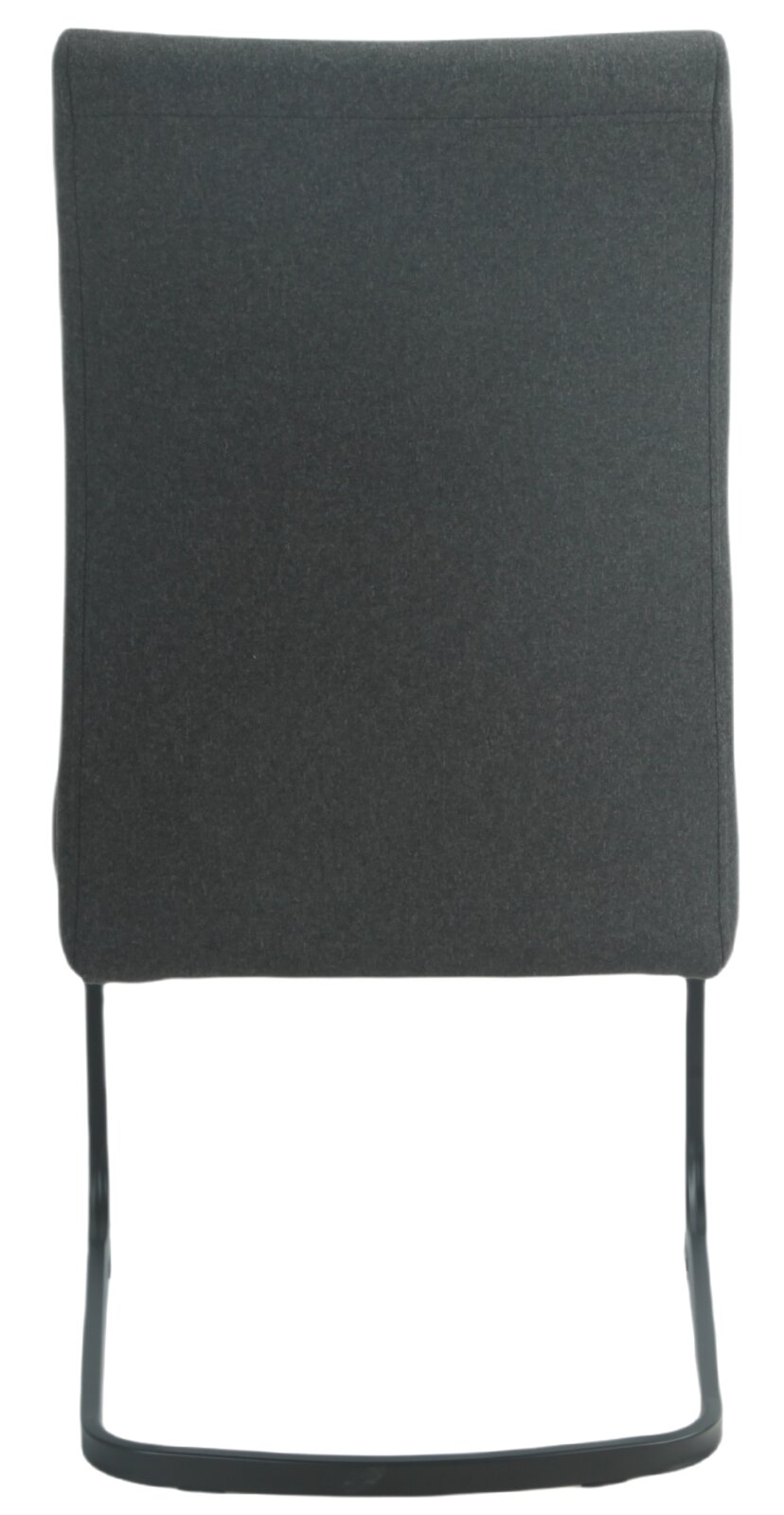 Rückansicht eines modernen Schwingstuhls mit dunklem Stoffbezug und schwarzem Metallgestell.