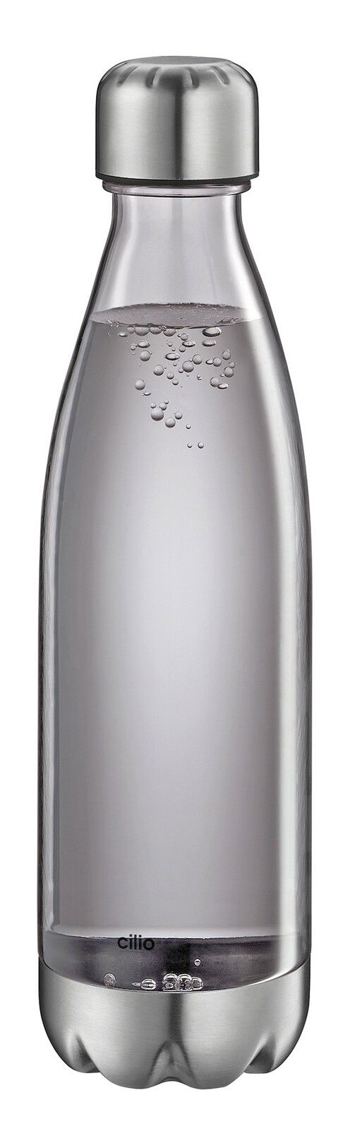 Trinkflasche ELEGANTE 700 ml aus Edelstahl mit transparentem Körper und silbernem Deckel, seitliche Ansicht