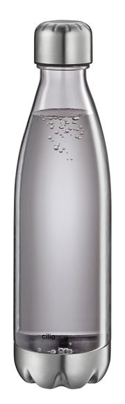 Trinkflasche ELEGANTE 700 ml aus Edelstahl mit transparentem Körper und silbernem Deckel, seitliche Ansicht