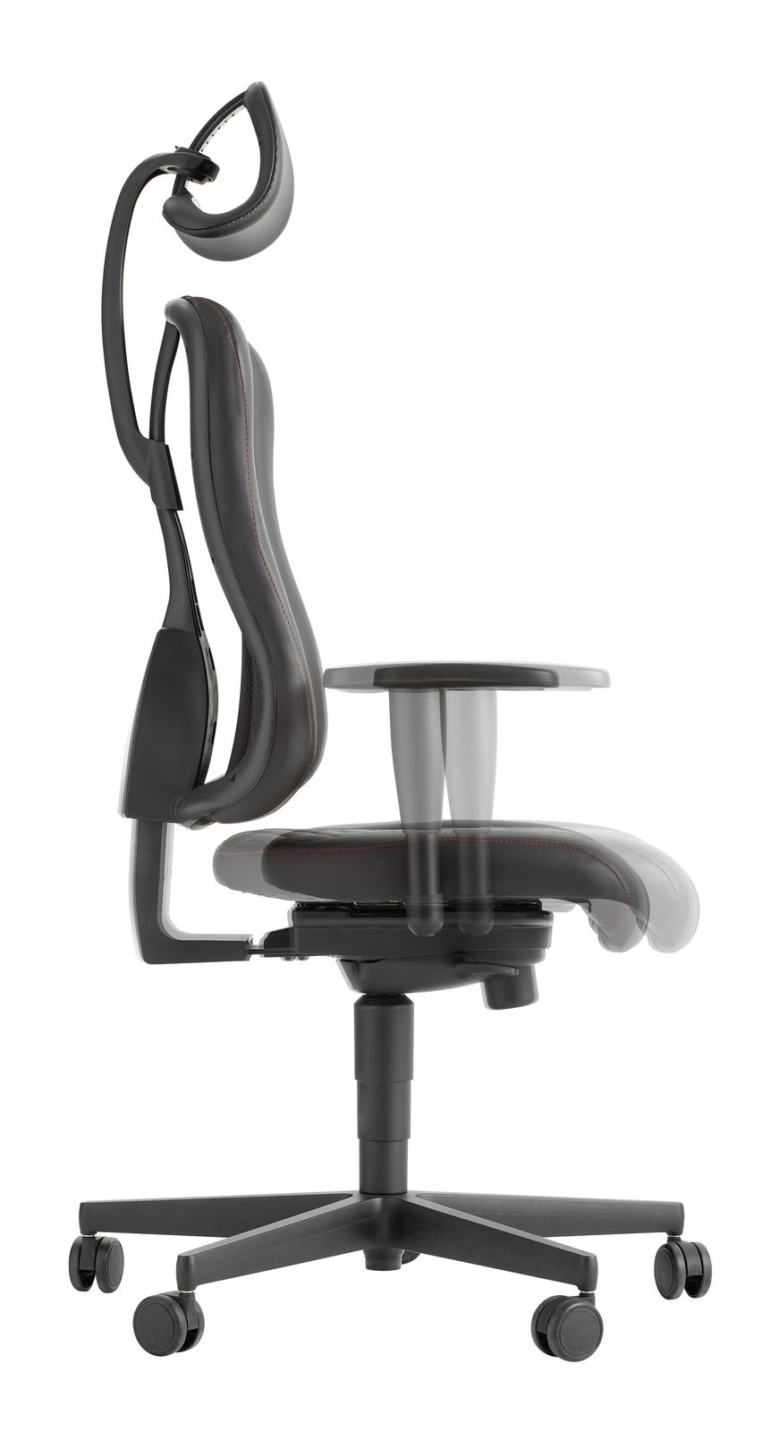 Seitliche Ansicht eines ergonomischen Gaming-Stuhls mit verstellbarer Kopfstütze und Armlehnen.