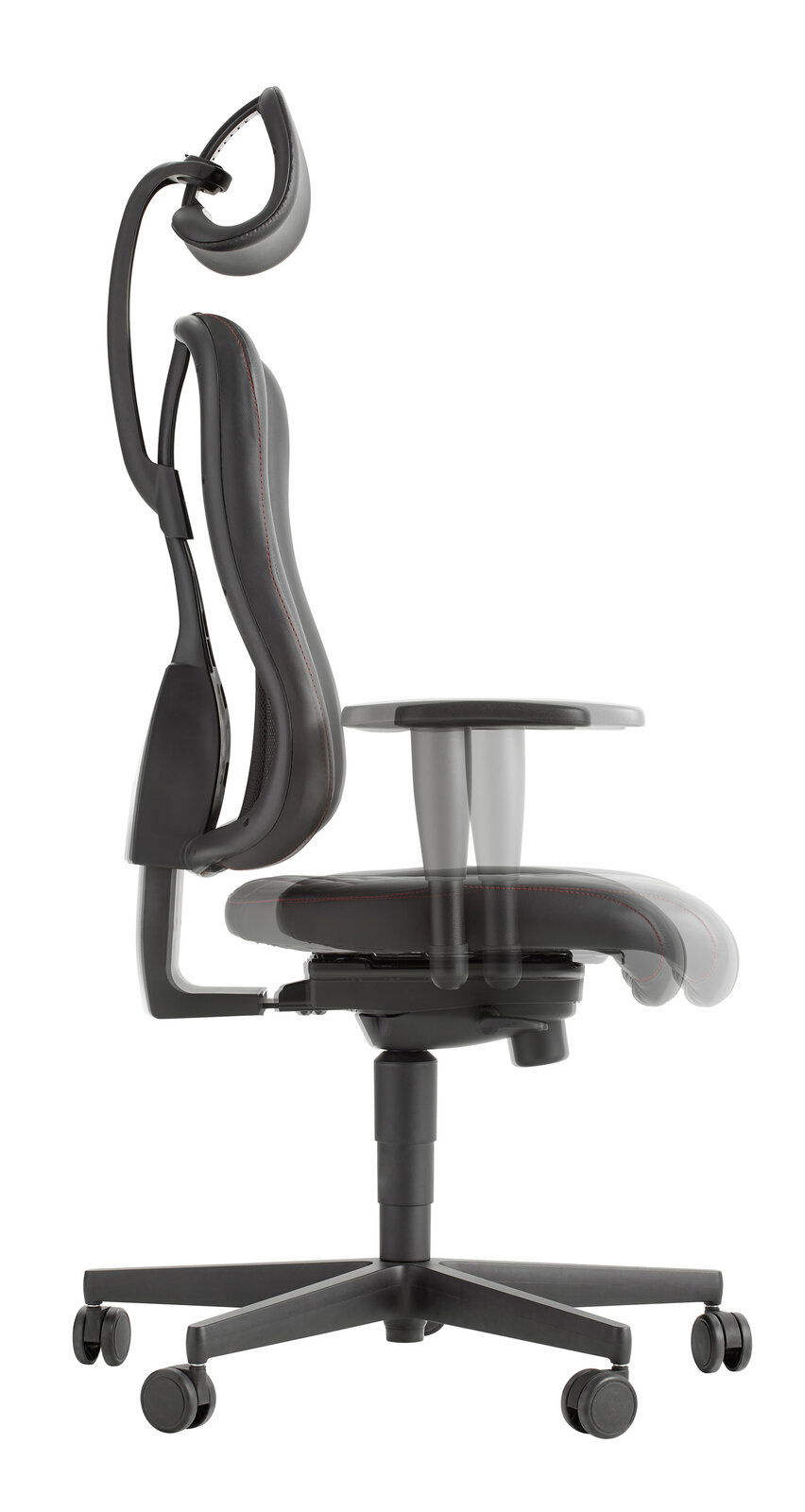 Seitliche Ansicht eines ergonomischen Gaming-Stuhls mit verstellbarer Kopfstütze und Armlehnen.