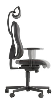 Seitliche Ansicht eines ergonomischen Gaming-Stuhls mit verstellbarer Kopfstütze und Armlehnen.