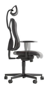 Seitliche Ansicht eines ergonomischen Gaming-Stuhls mit verstellbarer Kopfstütze und Armlehnen.