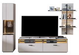 Moderne Wandkombination mit TV-Schrank, Vitrine und Regal in Frontalansicht, mit stilvoller Beleuchtung und Dekoration.