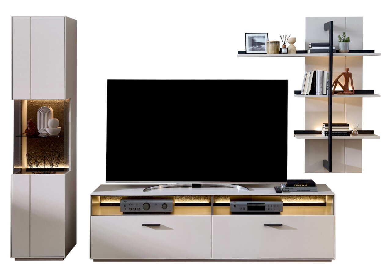 Moderne Wandkombination mit TV-Schrank, Vitrine und Regal in Frontalansicht, mit stilvoller Beleuchtung und Dekoration.