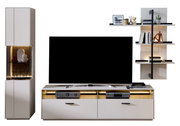 Moderne Wandkombination mit TV-Schrank, Vitrine und Regal in Frontalansicht, mit stilvoller Beleuchtung und Dekoration.