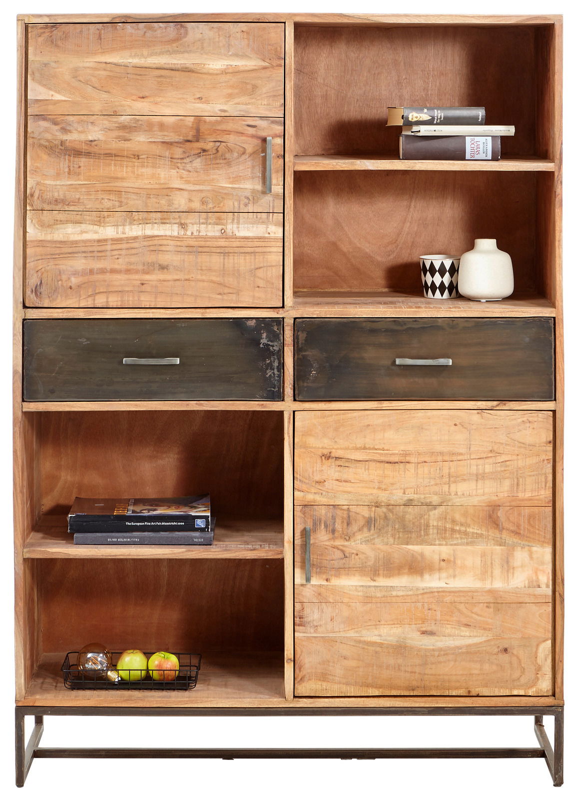 Rustikales Highboard aus Holz mit zwei Schubladen und mehreren Fächern, frontal fotografiert.
