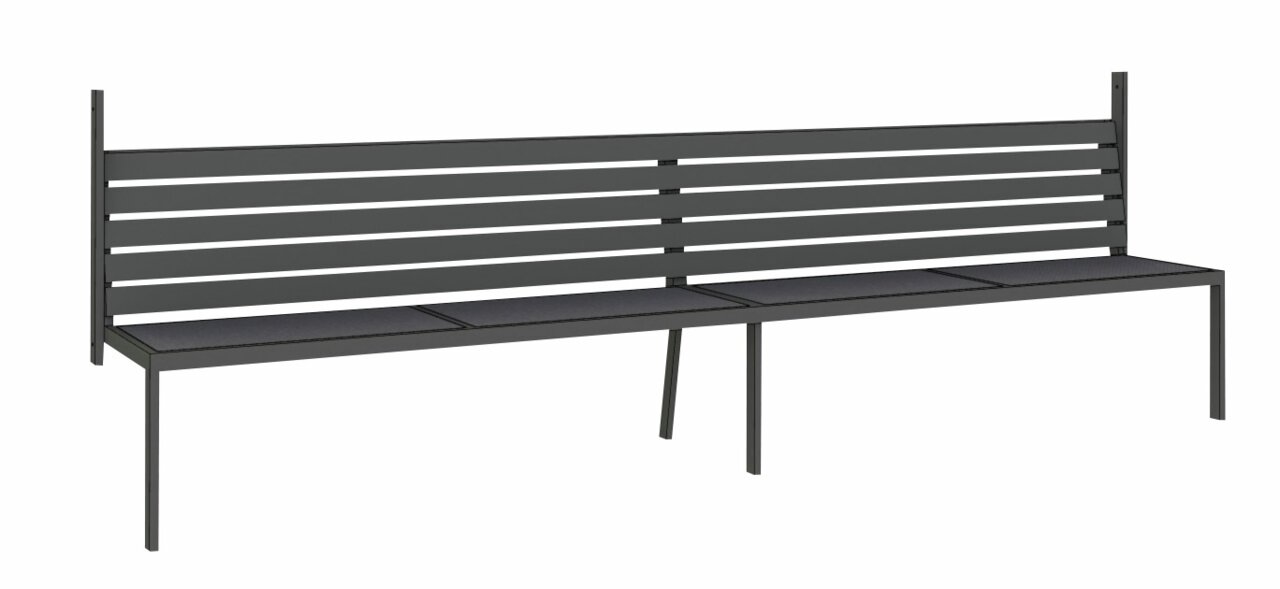 Moderne zwarte bank met horizontale latten en een minimalistisch ontwerp, gezien vanaf de zijkant