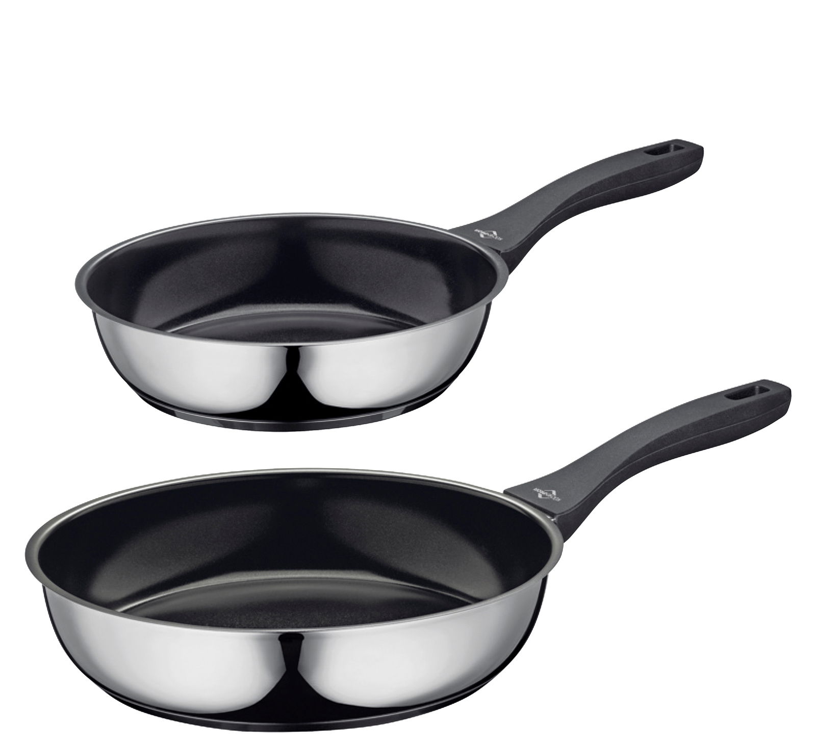 KÜCHENPROFI Bratpfannen-Set 2tlg. ROMA Zweiteiliges Bratpfannen-Set ROMA aus Edelstahl mit schwarzem Griff, seitliche Perspektive