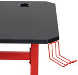 Gaming Tisch mit schwarzer Oberfläche und rotem Gestell, seitliche Perspektive