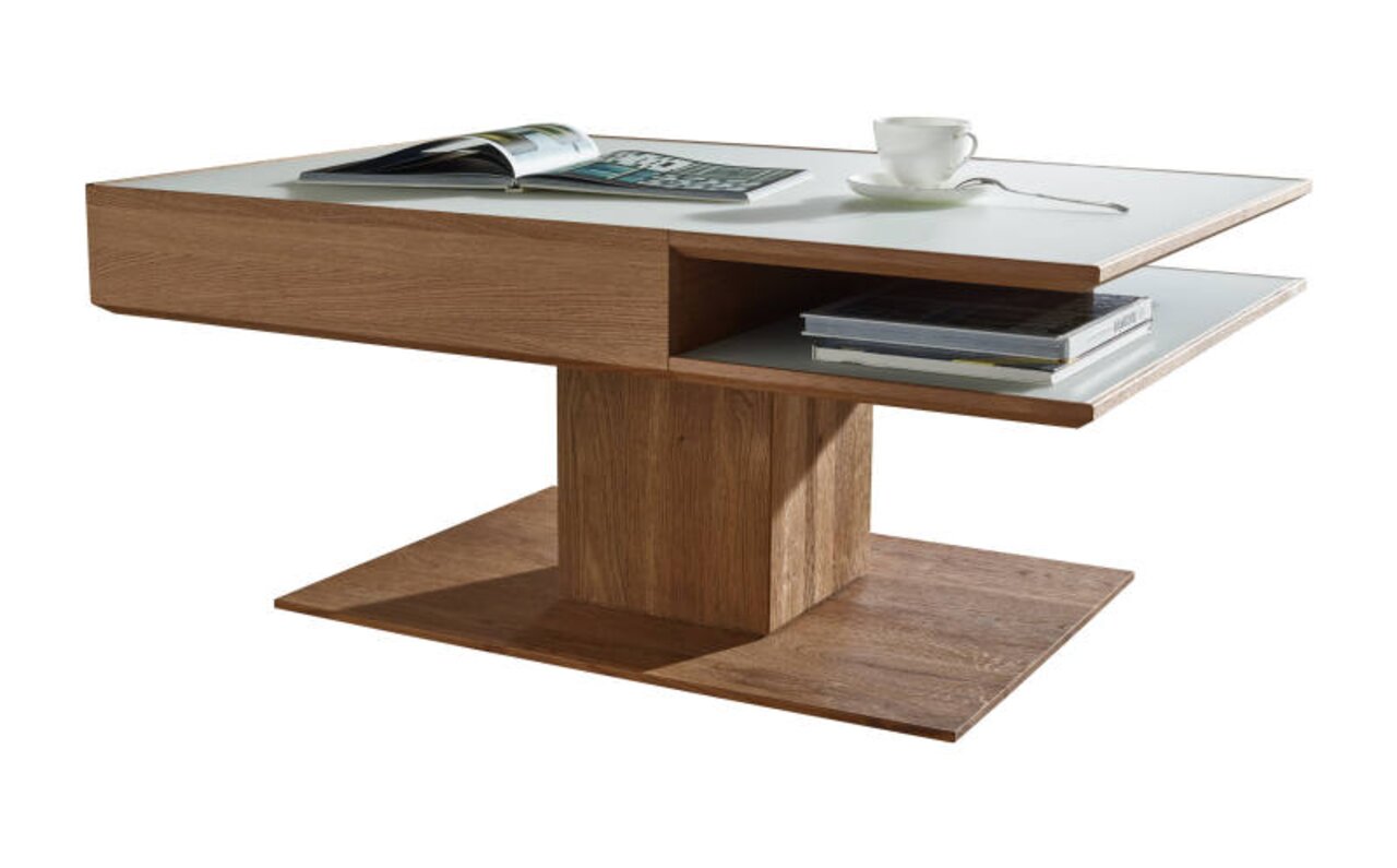 Moderner Couchtisch aus Holz mit weißer Tischplatte, seitliche Perspektive