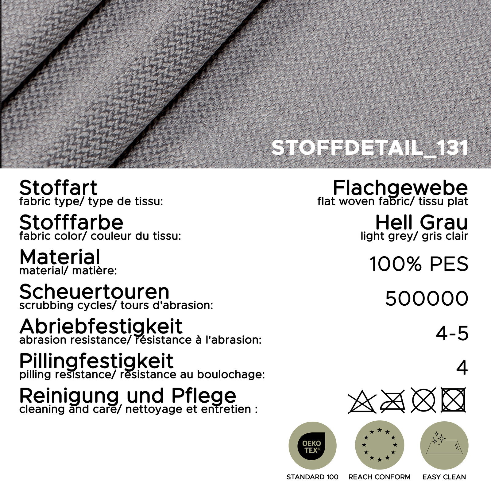 Hellgraues Flachgewebe-Stoffdetail in Nahaufnahme, schräg von oben fotografiert; 100% PES, 500.000 Scheuertouren, Abriebfestigkeit 4–5, Pillingfestigkeit 4, OEKO-TEX Standard 100, REACH-konform, Easy Clean.
