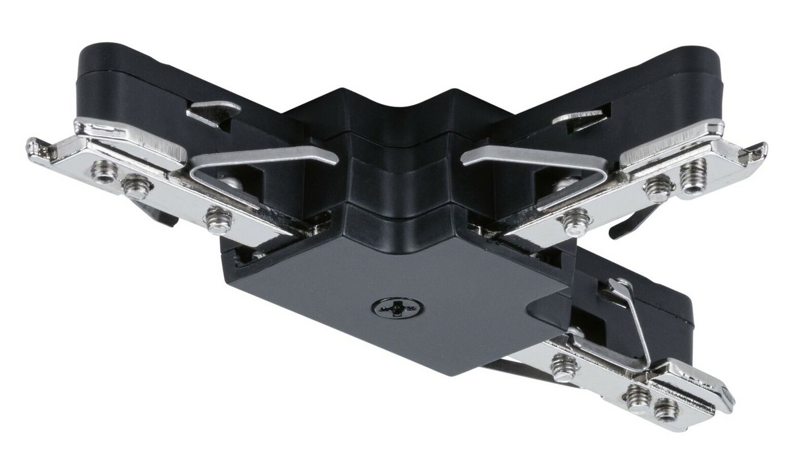 T-Verbinder aus schwarzem Kunststoff mit Metallklammern, seitliche Perspektive