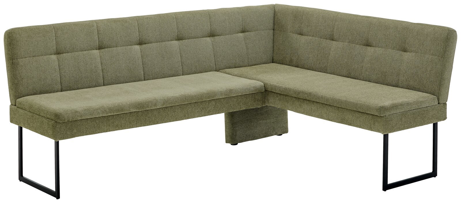Grüne Eckbank mit modernem Design und Metallbeinen, Perspektive von vorne links