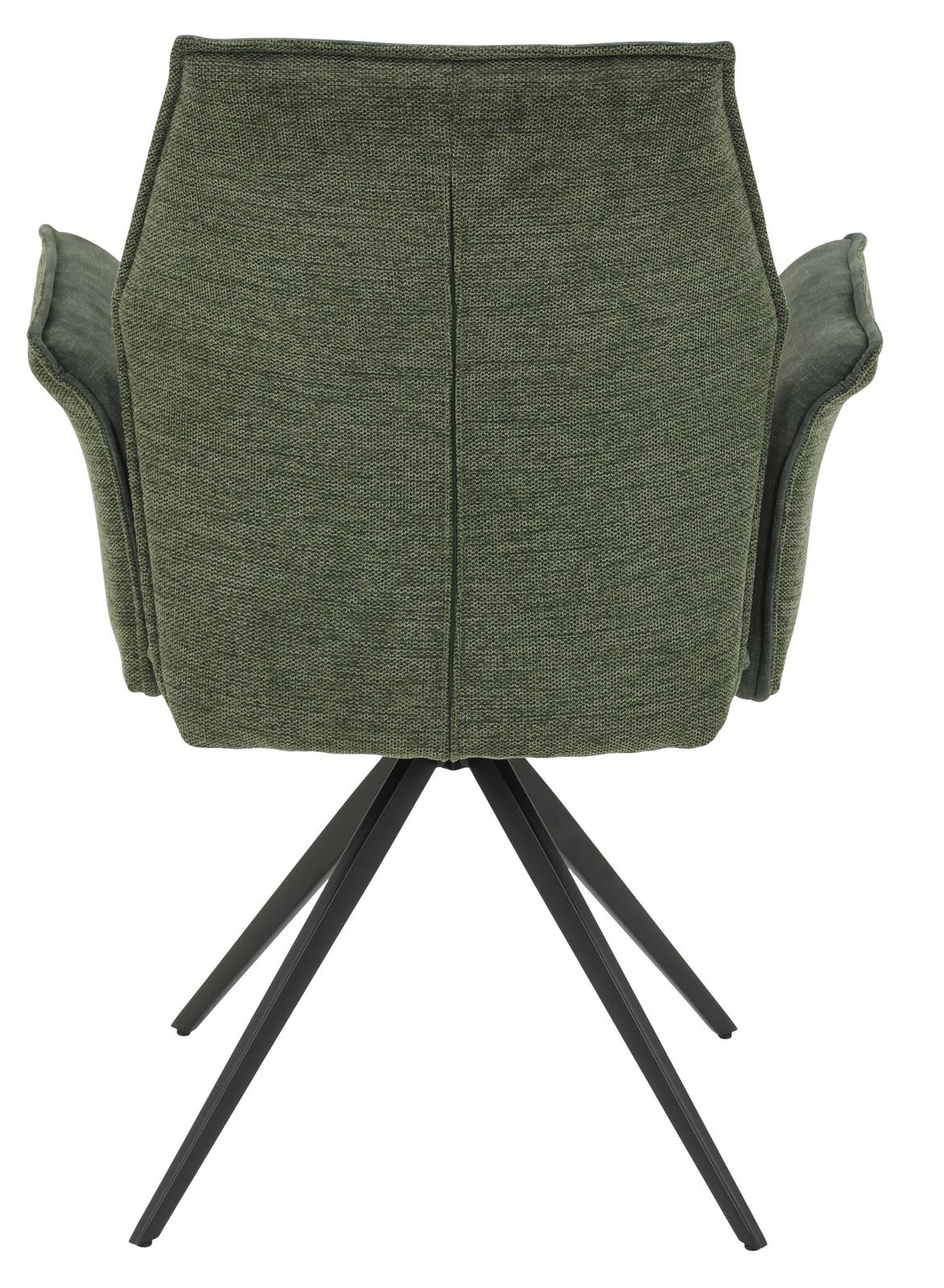Rückansicht eines grünen Armlehnstuhls mit schwarzem Metallgestell.