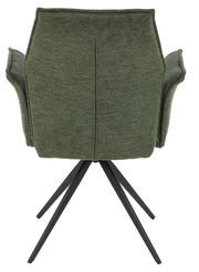 Rückansicht eines grünen Armlehnstuhls mit schwarzem Metallgestell.