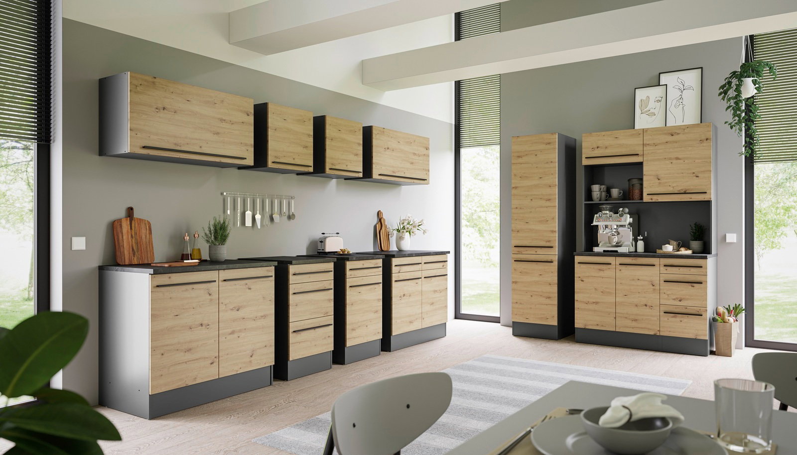 Yourkitchen Vorratsschrank JAZZ Moderne Küche mit Holzoptik-Schränken, Vorratsschrank und Küchengeräten, seitliche Perspektive