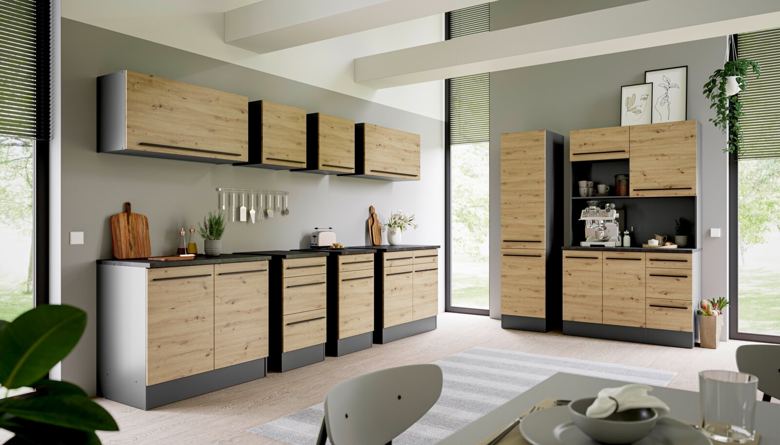 Moderne Küche mit Holzoptik-Schränken, Vorratsschrank und Küchengeräten, seitliche Perspektive