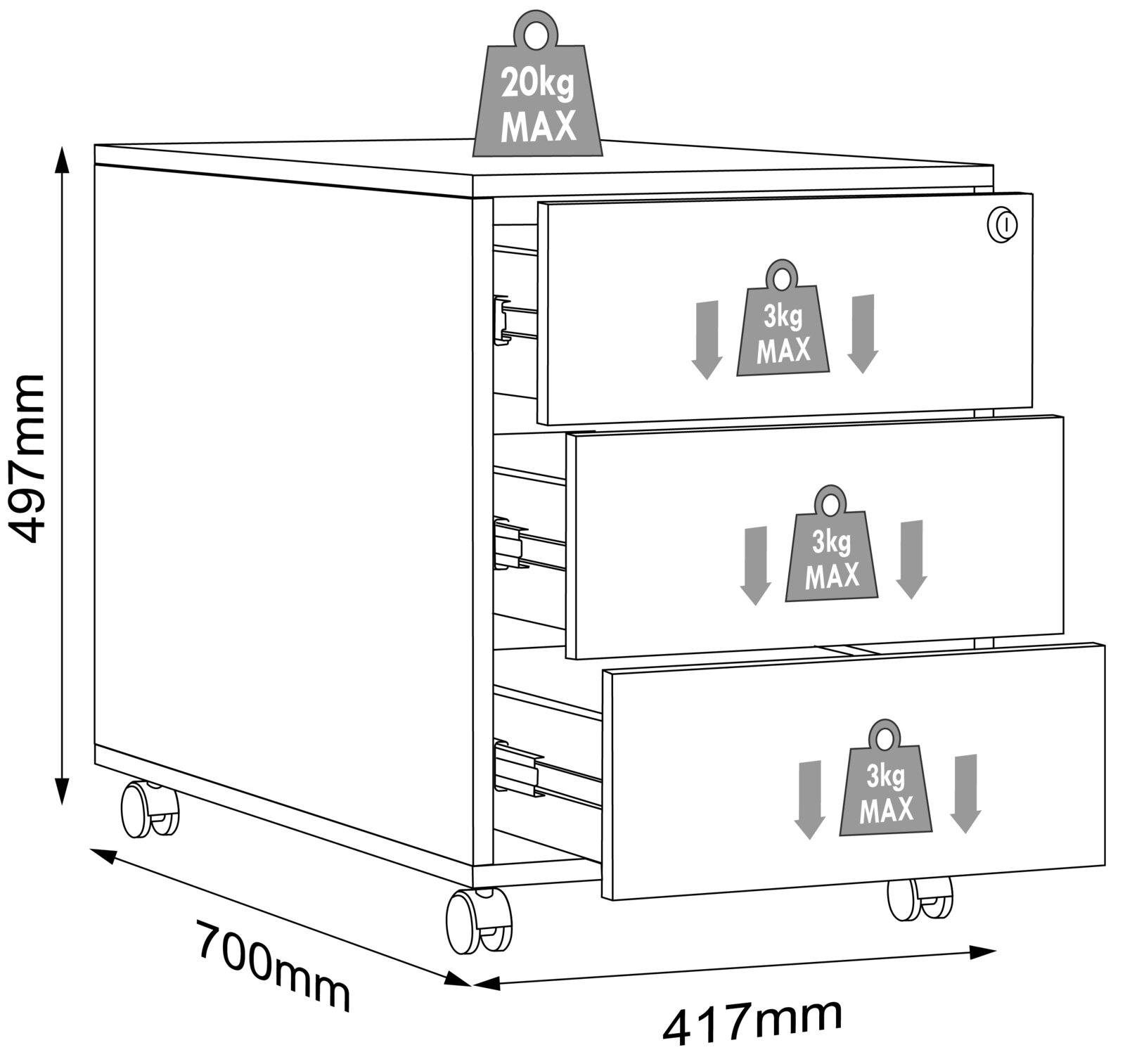 Technische Zeichnung eines mobilen Rollcontainers mit drei Schubladen auf Rollen, Maße ca. 499 mm hoch, 417 mm breit und 700 mm tief, Traglast oben 20 kg max. und je Schublade 3 kg max., Perspektive: schräg von vorne rechts.