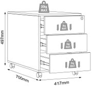 Technische Zeichnung eines mobilen Rollcontainers mit drei Schubladen auf Rollen, Maße ca. 499 mm hoch, 417 mm breit und 700 mm tief, Traglast oben 20 kg max. und je Schublade 3 kg max., Perspektive: schräg von vorne rechts.