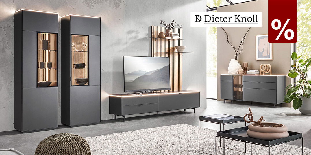 Moderner Wohnraum mit Dieter Knoll Möbeln: dunkle Schrankwand, Sideboard, Couchtische und Sofa in stilvollem Ambiente