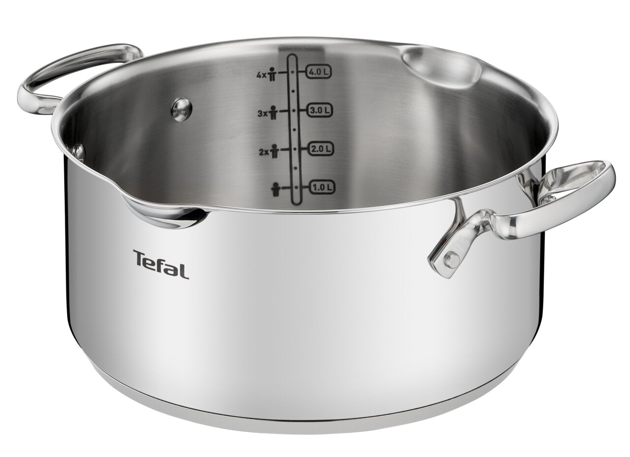 Edelstahlkochtopf von Tefal mit Messskala, seitlicher Perspektive