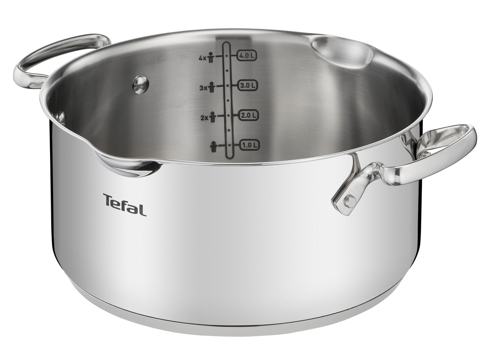 Edelstahlkochtopf von Tefal mit Messskala, seitlicher Perspektive