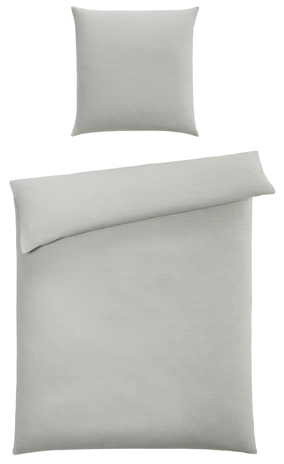 Bettwäsche-Set in hellem Grau, bestehend aus einem Kissenbezug und einem Bettdeckenbezug, aus der Vogelperspektive fotografiert.