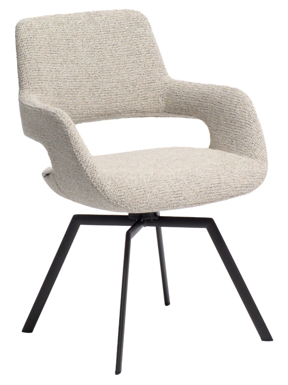 Moderne fauteuil met lichtgrijze stoffen bekleding en een zwart metalen frame, zijaanzicht