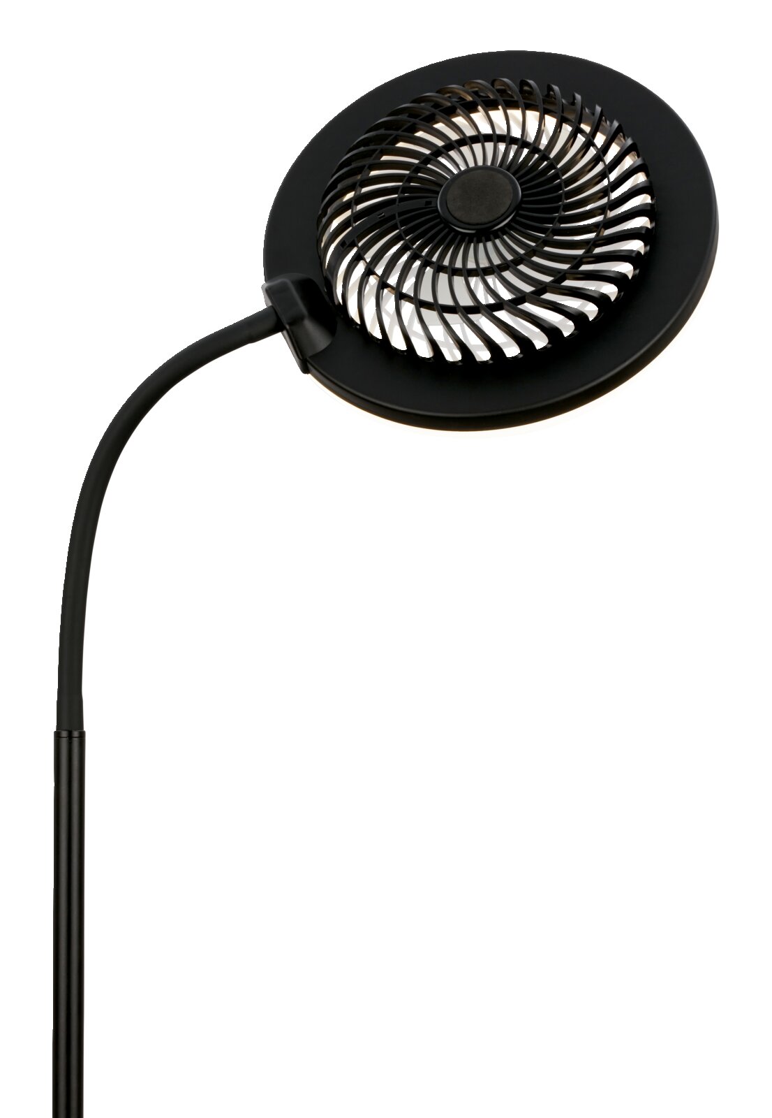 Schwarze LED-Schreibtischlampe mit rundem Leuchtenkopf und spiralförmigem Gitter auf flexiblem Schwanenhals, leicht von oben in schräger Frontansicht