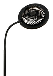 Schwarze LED-Schreibtischlampe mit rundem Leuchtenkopf und spiralförmigem Gitter auf flexiblem Schwanenhals, leicht von oben in schräger Frontansicht