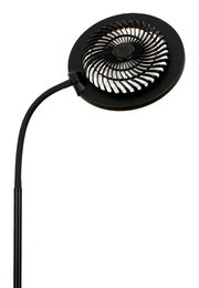 Schwarze LED-Schreibtischlampe mit rundem Leuchtenkopf und spiralförmigem Gitter auf flexiblem Schwanenhals, leicht von oben in schräger Frontansicht