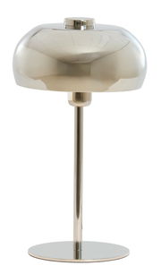 Moderne Tischleuchte aus Metall in glänzendem Silber, frontal abgebildet.