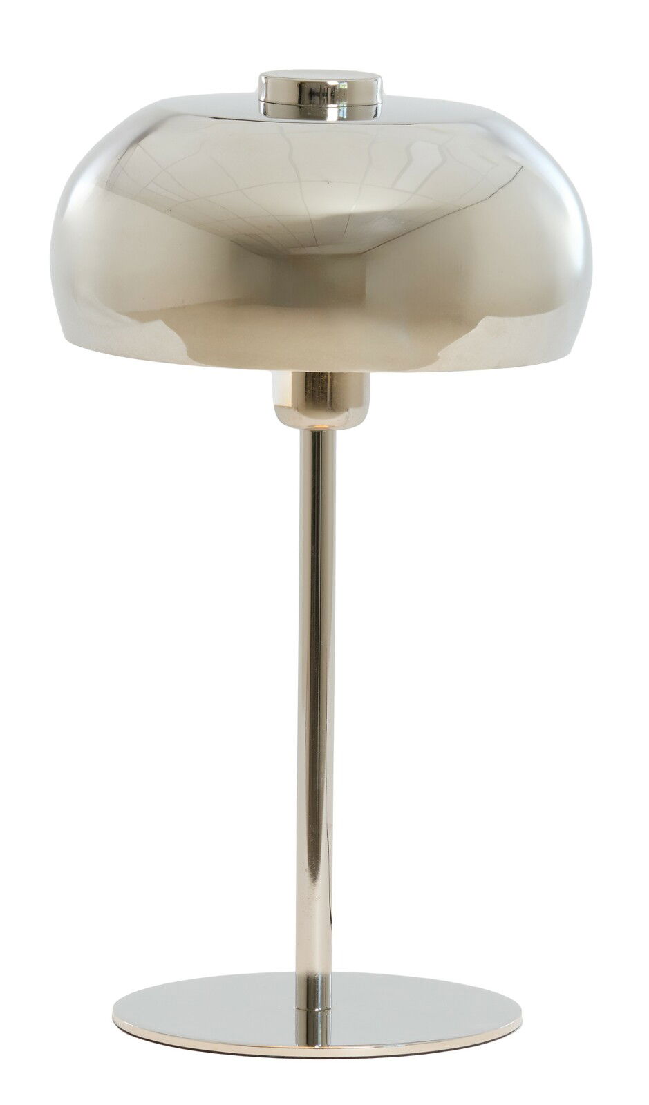 Moderne Tischleuchte aus Metall in glänzendem Silber, frontal abgebildet.