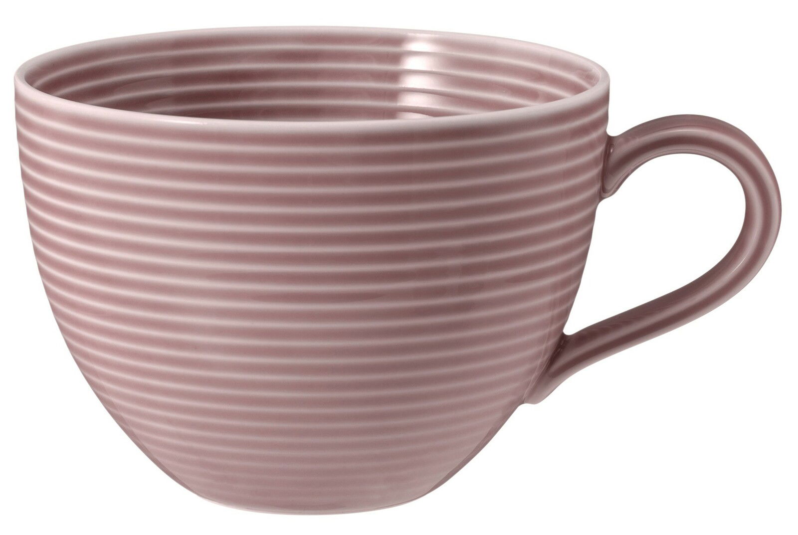 Rosa gestreifte Milchkaffeeobertasse mit Henkel, seitliche Perspektive