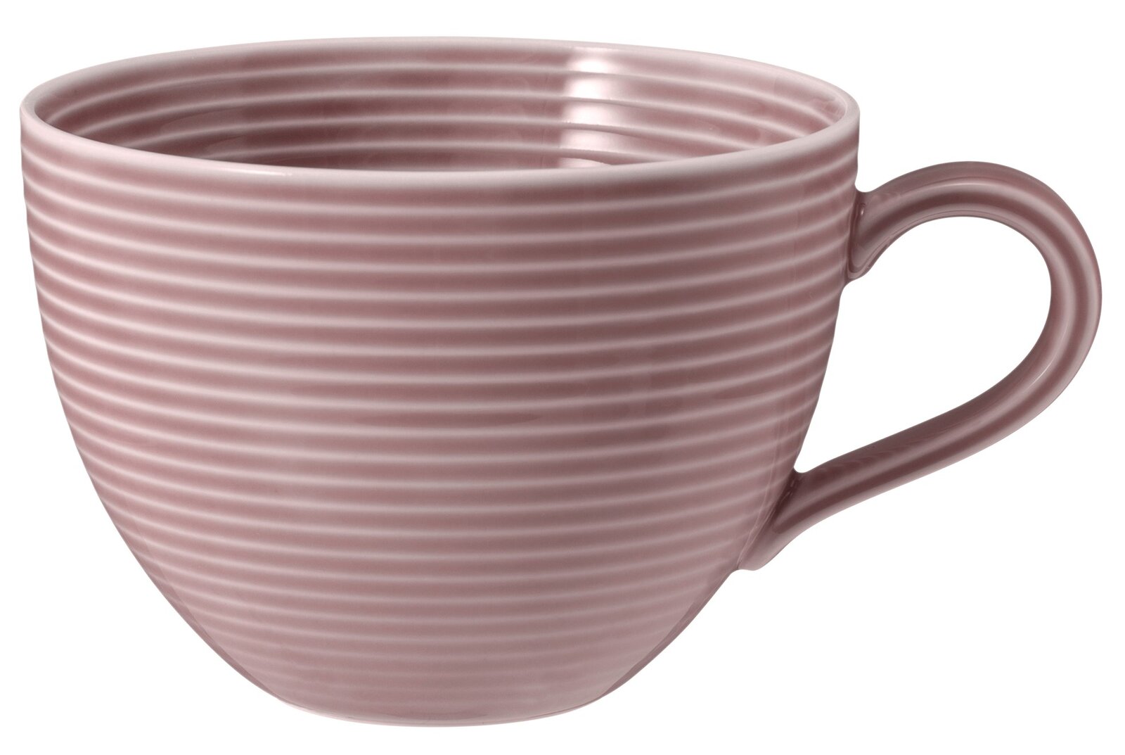 Rosa gestreifte Milchkaffeeobertasse mit Henkel, seitliche Perspektive