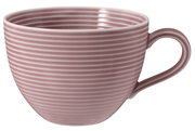 Rosa gestreifte Milchkaffeeobertasse mit Henkel, seitliche Perspektive