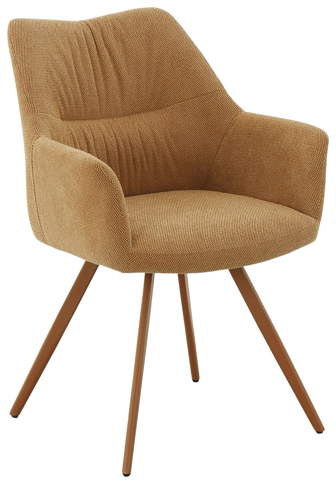 Beiger Armlehnstuhl mit gepolstertem Sitz und Rückenlehne, auf vier Holzbeinen, seitliche Perspektive