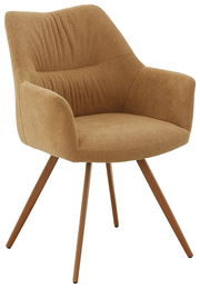 Beiger Armlehnstuhl mit gepolstertem Sitz und Rückenlehne, auf vier Holzbeinen, seitliche Perspektive