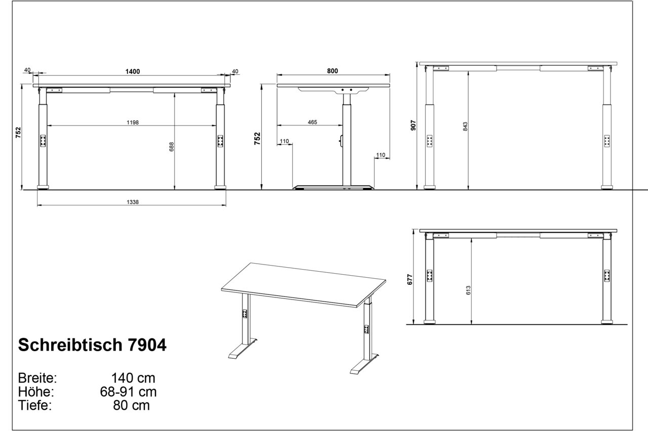 Höhenverstellbarer Schreibtisch 7904, Breite 140 cm, Tiefe 80 cm, Höhe 68-91 cm, technische Zeichnung mit Vorder-, Seiten- und Perspektivansicht.