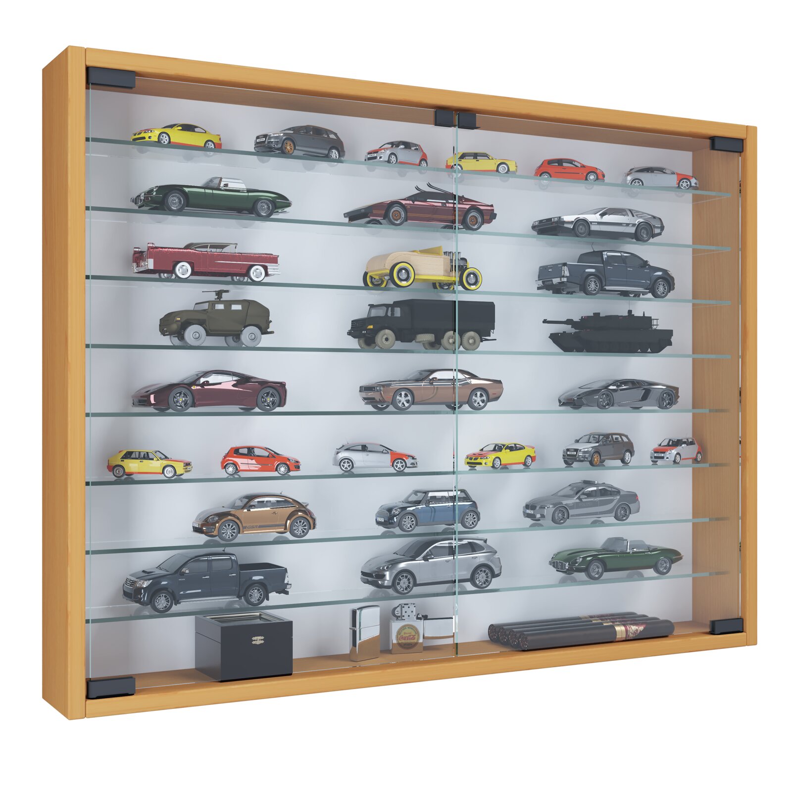 Wandvitrine aus hellem Holz mit Glasfront und mehreren Glasböden, gefüllt mit Modellautos und Sammlerstücken, in leicht schräger Frontansicht von links