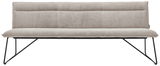 Frontansicht einer modernen Sitzbank mit hellgrauem Stoffbezug und schwarzen Metallbeinen.