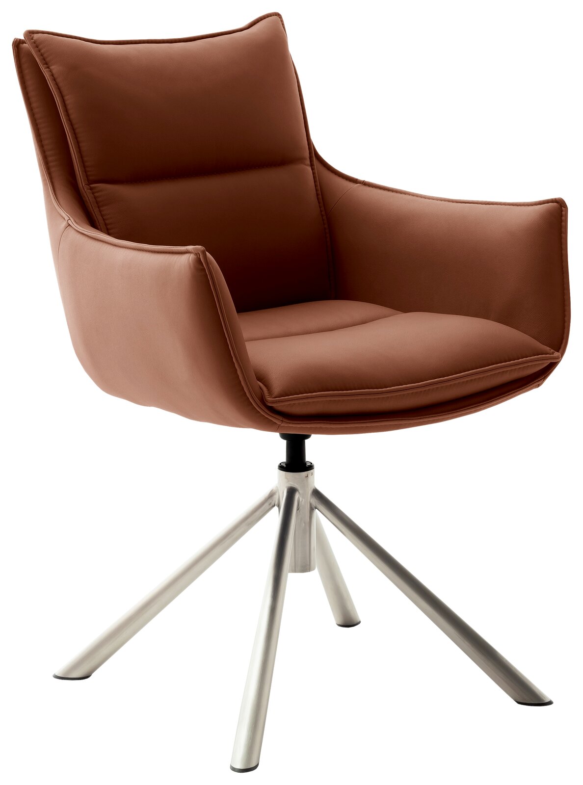 Moderner brauner Sessel mit Metallbeinen, seitliche Perspektive