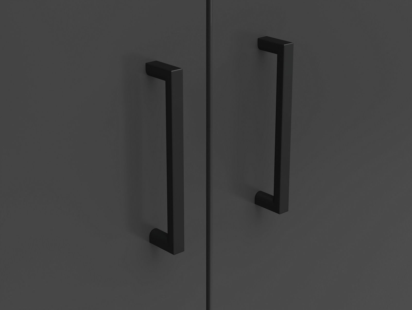 Carryhome Kommode MULTISTAURAUM Nahaufnahme von zwei schwarzen Griffen auf einer dunklen Kommodenoberfläche, frontal betrachtet.
