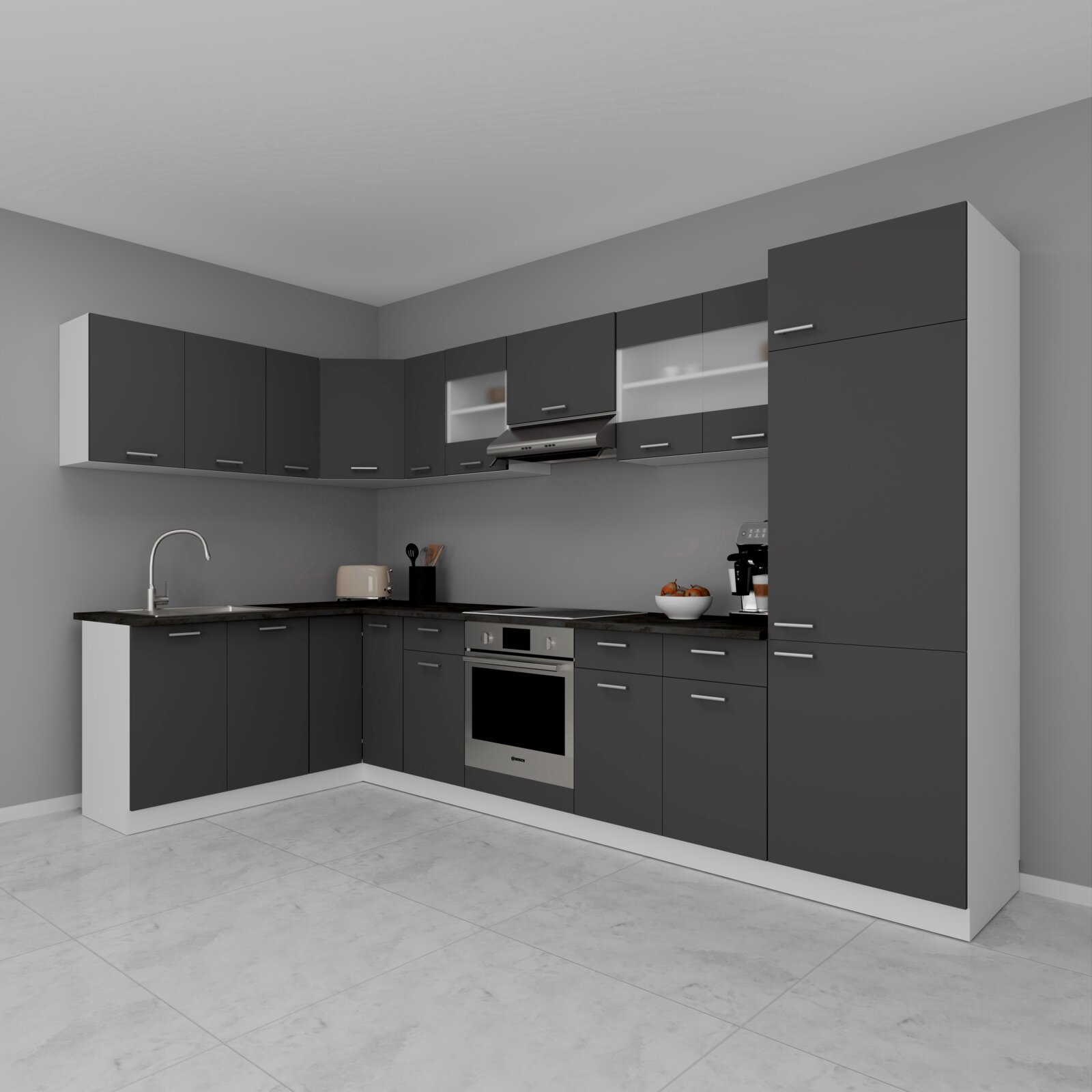 Moderne L-förmige Einbauküche in Anthrazit mit dunkler Arbeitsplatte, Hängeschränken, Spüle, Backofen und Hochschrank, perspektivische Ansicht schräg von vorne
