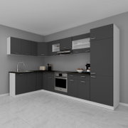 Moderne L-förmige Einbauküche in Anthrazit mit dunkler Arbeitsplatte, Hängeschränken, Spüle, Backofen und Hochschrank, perspektivische Ansicht schräg von vorne