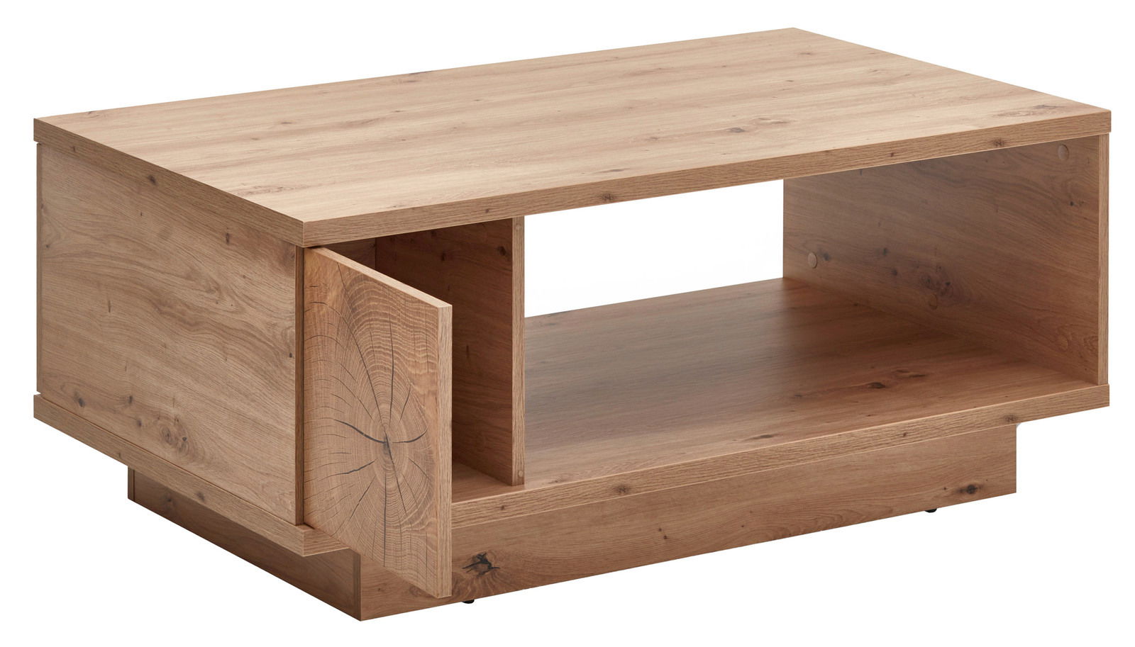 Moderner Couchtisch aus Holz mit offener Ablage und seitlicher Tür, Perspektive von vorne links